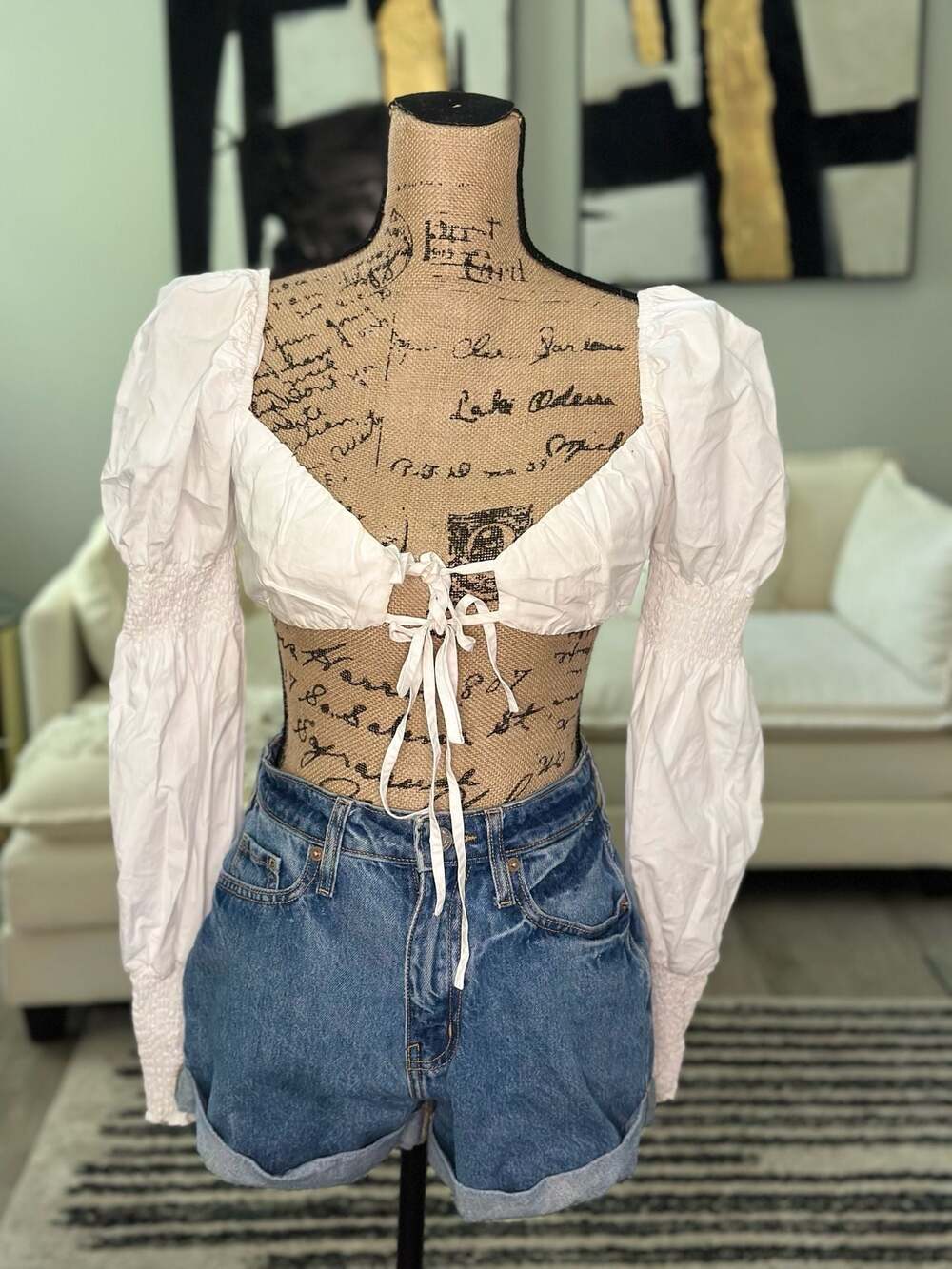 SHEIN White Long Sleeve Puff Sleeve Tie-Front Crop Top